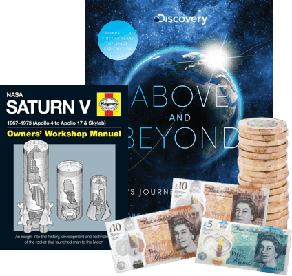 Saturn V Haynes manual and Discovery Above and Beyond book with UK banknotes and coins