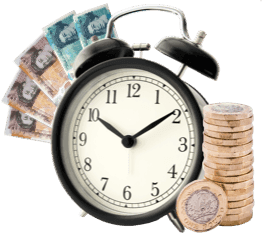 Alarm clock with UK banknotes and stacked coins, symbolising fast cash payment for your books