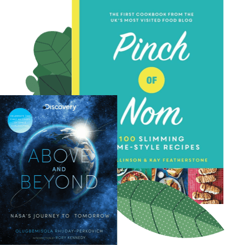 Book covers: Pinch of Nom, Above and Beyond - NASA's Journey to Tomorrow, with green leaf illustrations