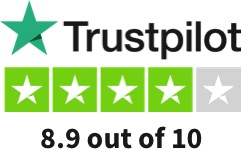 Trustpilot rating of 8.9 out of 10, shown with four and a half green stars