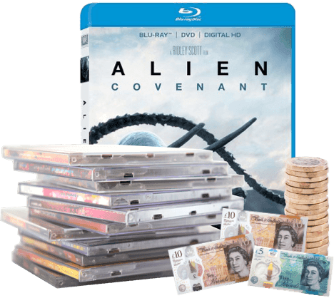 Alien Covenant Blu-ray with a stack of DVDs, plus UK coins and banknotes representing cash paid for sold items