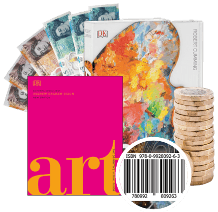 Fanned banknotes and coins beside two art books and an ISBN barcode, showing cash you can earn selling art books