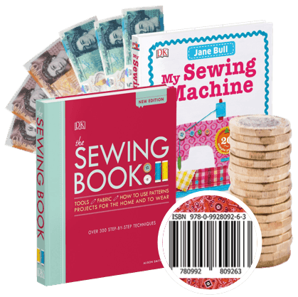 The Sewing Book and My Sewing Machine beside UK banknotes and coins, sell your used sewing books for cash