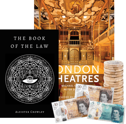 Book covers including The Book of the Law and London Theatres, with UK banknotes and coins