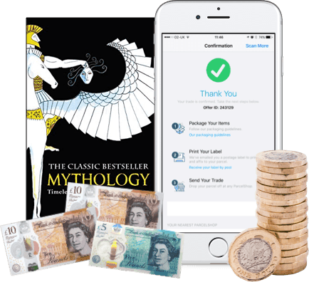 Mythology book, phone showing trade confirmation, plus UK banknotes and pound coins from selling books