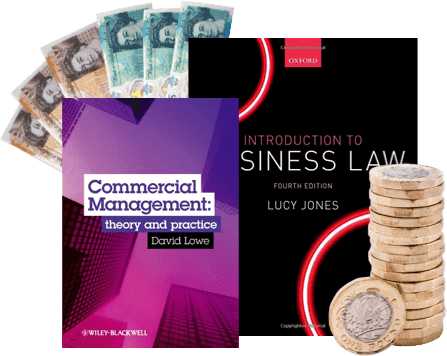 Business book covers with UK banknotes and pound coins, showing payment for sold books