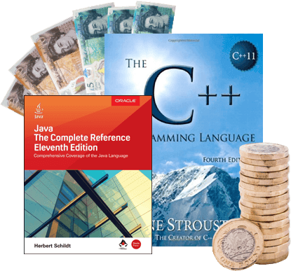 Java: The Complete Reference and The C++ Programming Language books with £1 coins and banknotes, sell for cash