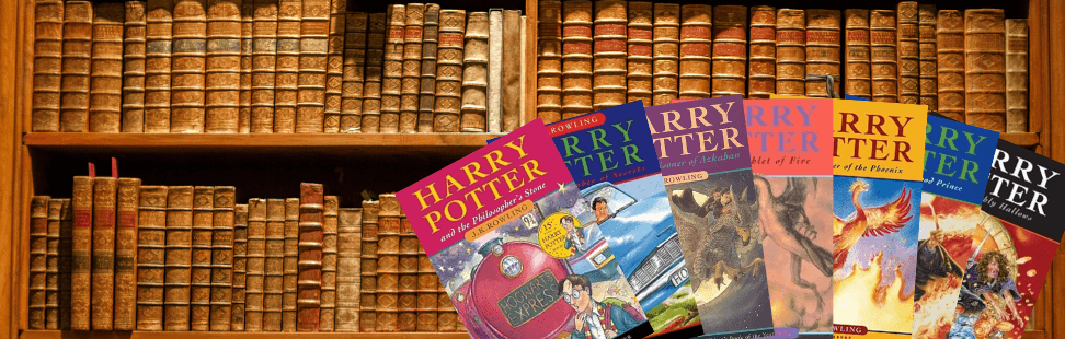 Old fashioned book case with collection of Harry Potter Books.png