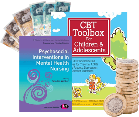 Two mental health books, a fan of banknotes and a stack of coins, showing cash you could earn selling used books