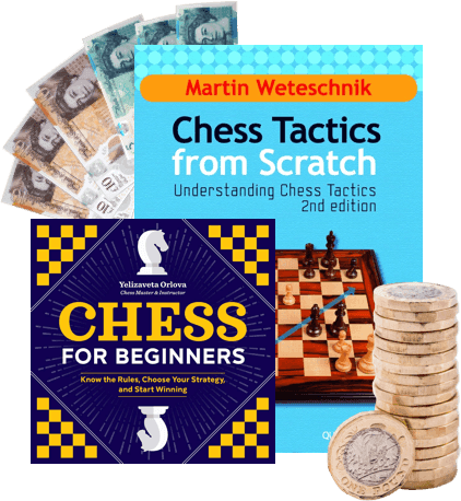 Chess Tactics from Scratch and Chess for Beginners books with UK banknotes and pound coins