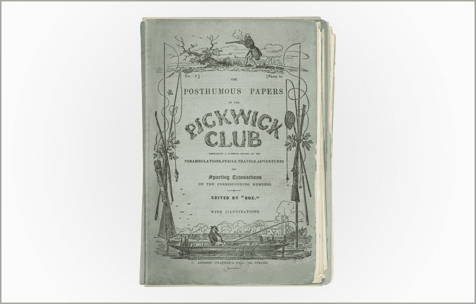Pickwick Papers by Charles Dickens first edition book cover.png