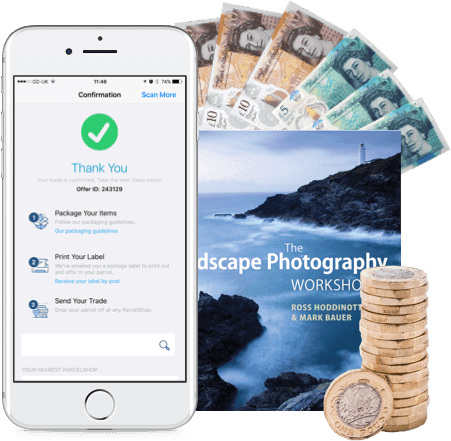 Phone showing order confirmation with trade steps, UK banknotes, coins and The Landscape Photography Workshop book