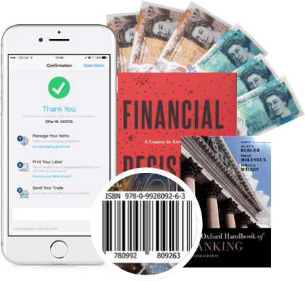 Phone showing trade confirmation, UK banknotes, finance books and an ISBN barcode for selling to WeBuyBooks