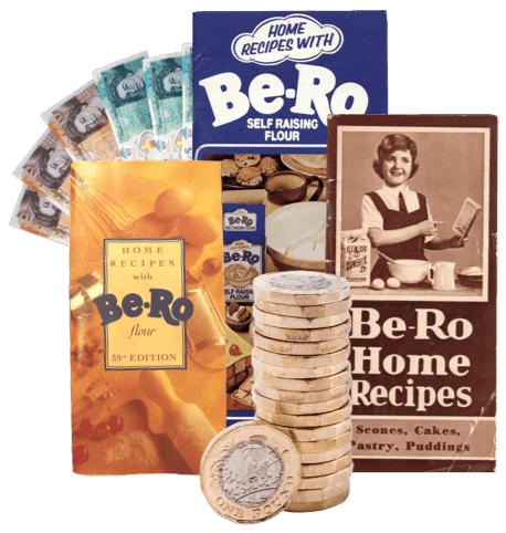 Be-Ro recipe books, UK banknotes and pound coins, showing cash earned selling them to WeBuyBooks