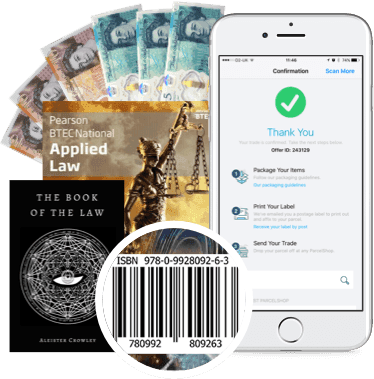 Law textbooks, cash, ISBN barcode and phone showing WeBuyBooks order confirmation screen
