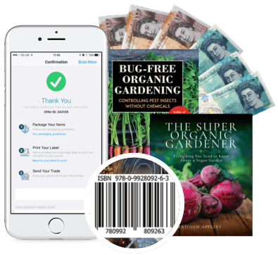 Phone showing order confirmation, banknotes and organic gardening books beside an ISBN barcode