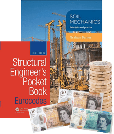 Soil Mechanics and Structural Engineer's Pocket Book beside UK banknotes and coins, for selling engineering books for cash