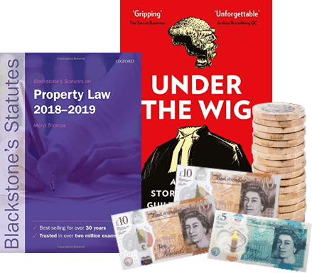 Law textbooks 'Property Law 2018-2019' and 'Under the Wig', with UK banknotes and pound coins
