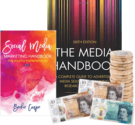 Social Media Marketing Handbook and The Media Handbook books beside £10, £5 notes and £1 coins