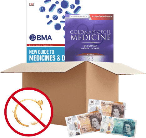 Box with medical textbooks, a no-coffee-stain symbol and UK banknotes, showing cash paid for medicine books in good condition
