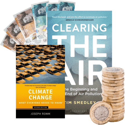 Books 'Clearing the Air' and 'Climate Change', with UK banknotes and coins, ready to sell on WeBuyBooks