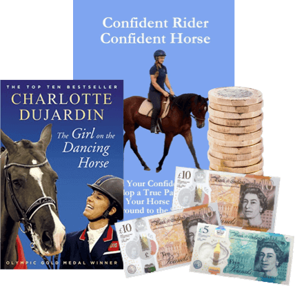 Equestrian books 'The Girl on the Dancing Horse' and 'Confident Rider, Confident Horse' with UK coins and notes