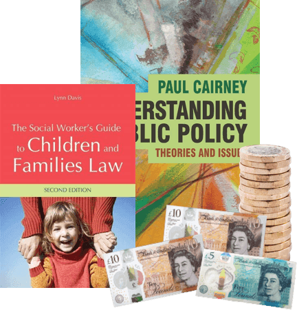 Books on children's law and public policy beside £10, £5 notes and £1 coins, for selling to WeBuyBooks