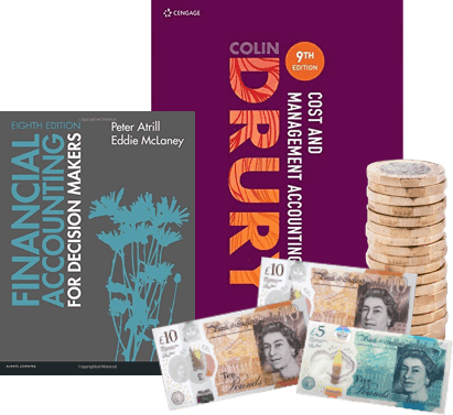 Accounting textbooks by Atrill and McLaney and Colin Drury, with UK coins and banknotes for selling
