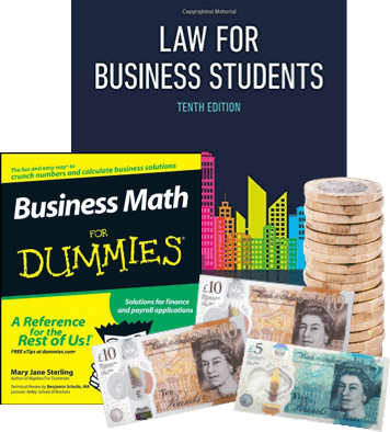 Law for Business Students and Business Math for Dummies books beside stacked coins and UK banknotes