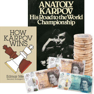Chess books 'How Karpov Wins' and 'Anatoly Karpov', with UK banknotes and pound coins to sell