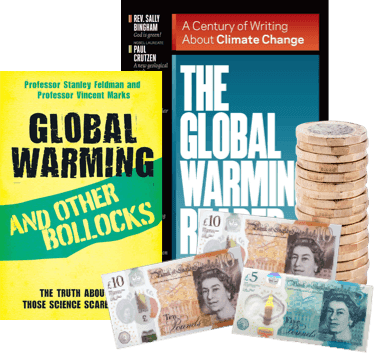 Two climate change books beside stacked pound coins and UK banknotes, showing cash value when you sell