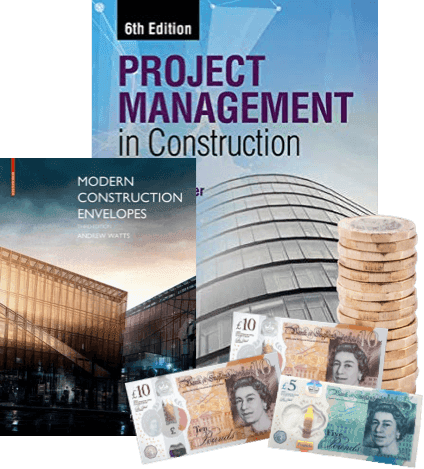 Project Management in Construction and Modern Construction Envelopes books beside UK pound coins and notes