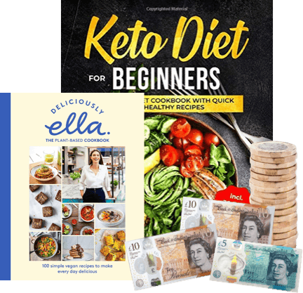 Keto Diet for Beginners and Deliciously Ella cookbooks with UK cash, for selling used diet books