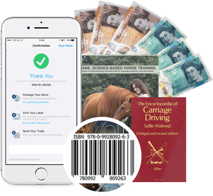 Phone showing trade confirmation, UK banknotes, equestrian books and a barcode, illustrating selling equestrian books for