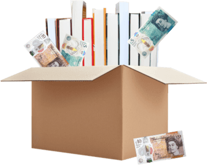 Cardboard box of textbooks with UK ten pound notes, showing cash earned for selling textbooks