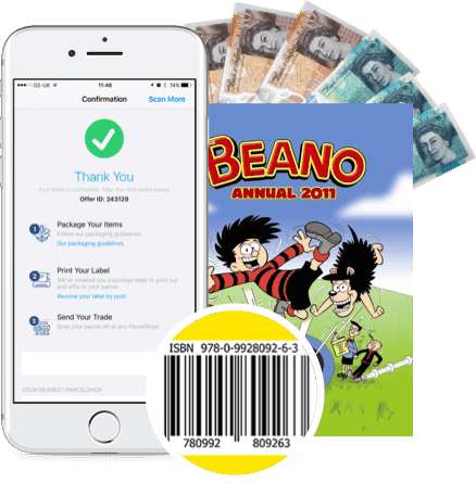 Phone showing trade confirmation next to cash and a Beano Annual 2011 with ISBN barcode, illustrating selling via the app