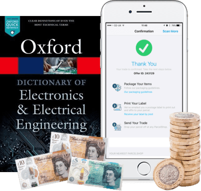 Oxford Electronics dictionary, phone confirming trade sent, and UK banknotes and pound coins as payment