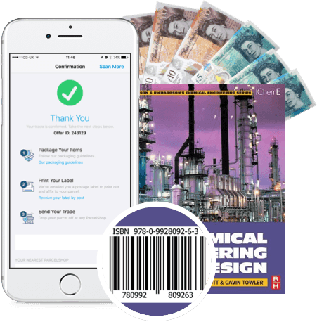 Phone showing trade confirmation, cash, and a Chemical Engineering Design book with barcode for selling to WeBuyBooks