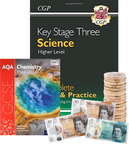 CGP Key Stage Three Science and AQA GCSE Chemistry textbooks with UK banknotes and coins for cash