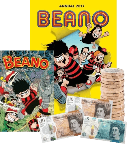 Beano Annual 2017 and 2006 covers beside a stack of coins and UK ten and five pound notes