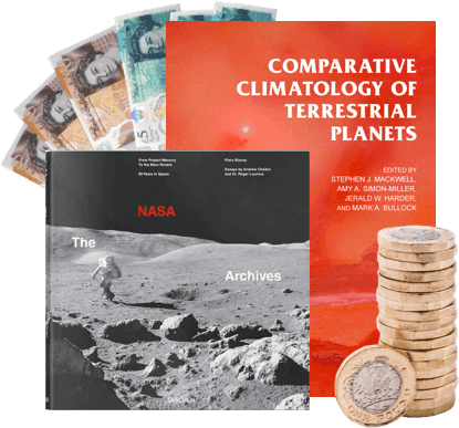 Astronomy books 'Comparative Climatology of Terrestrial Planets' and 'The NASA Archives', UK banknotes and coins