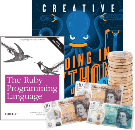 The Ruby Programming Language and Creative Coding books beside UK banknotes and coins, cash paid for your books