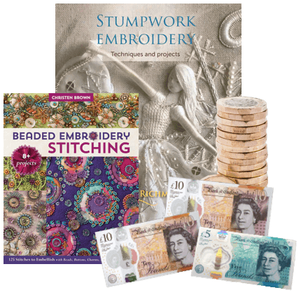 Stumpwork Embroidery and Beaded Embroidery Stitching books beside £10 and £5 notes and coins for cash