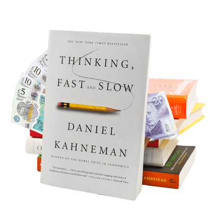 Thinking, Fast and Slow by Daniel Kahneman with UK banknotes and a stack of books, ready to sell for cash