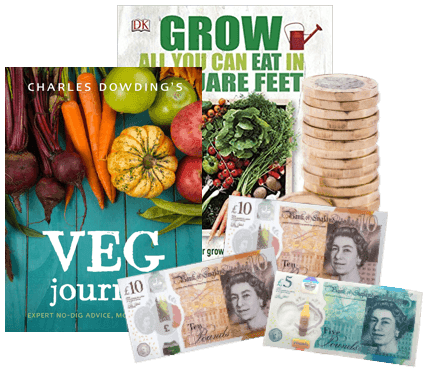 Organic gardening books 'Veg Journal' and 'Grow All You Can Eat', with coins and UK banknotes for cash