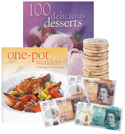 Two cookbooks, '100 Delicious Desserts' and 'One-Pot Wonders', beside a stack of £1 coins and £5 and £10 notes