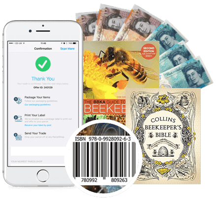 Phone showing WeBuyBooks order confirmation, cash, beekeeping book covers and an ISBN barcode