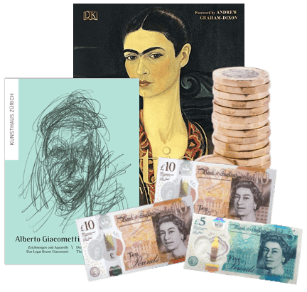 Two art books, a Giacometti sketch print and Frida Kahlo cover, beside UK coins and banknotes