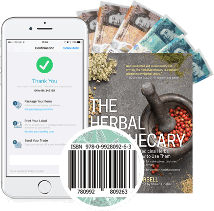 Phone showing order confirmation, cash, and The Herbal Apothecary book with barcode, illustrating WeBuyBooks' simple selling