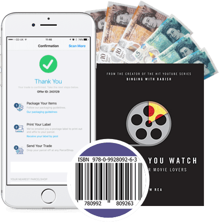 Phone showing trade confirmation screen, UK banknotes and a film book with ISBN barcode, illustrating cash paid for selling
